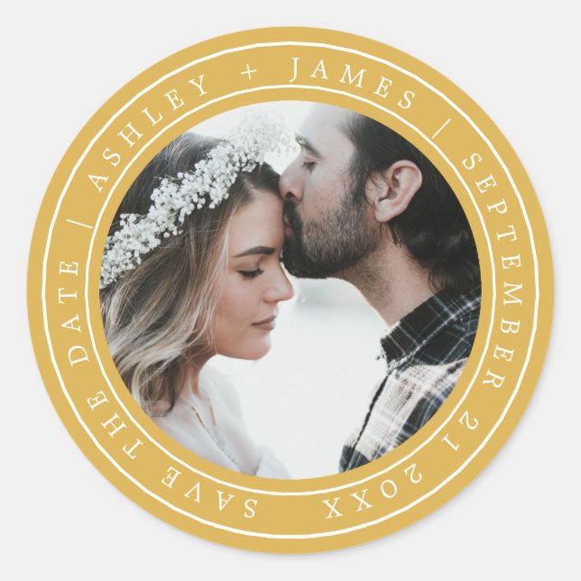 Sticker Rond Simple Chic Enregistrer la date Mariage Photo Jaun (Devant)