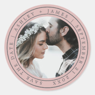Sticker Rond Simple Chic Enregistrer la date Mariage Photo Pink