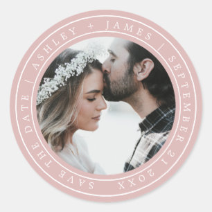 Sticker Rond Simple Chic Enregistrer la date Mariage photo rose