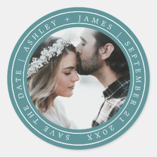 Sticker Rond Simple Chic Enregistrer la date Mariage Photo Turq