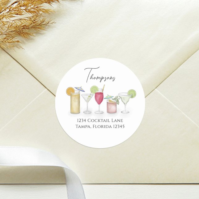 Sticker Rond Simple Cocktail Boissons Aquarelle Adresse de reto (Créateur téléchargé)
