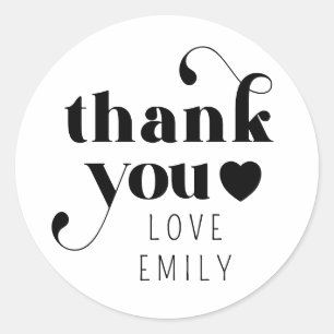 Sticker Rond Simple coeur de Merci rétro   Blanc noir