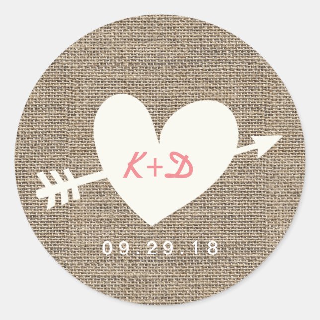 Sticker Rond Simple Coeur & Flèche Rustique Burlap Mariage Fave (Devant)