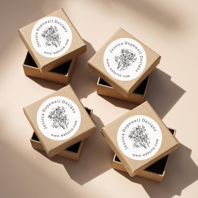 Sticker Rond Simple Elegant Black and White Flowers Business (Créateur téléchargé)