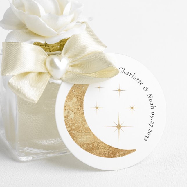 Sticker Rond Simple Elégant Celestial Gold Moon Stars Mariage (Créateur téléchargé)