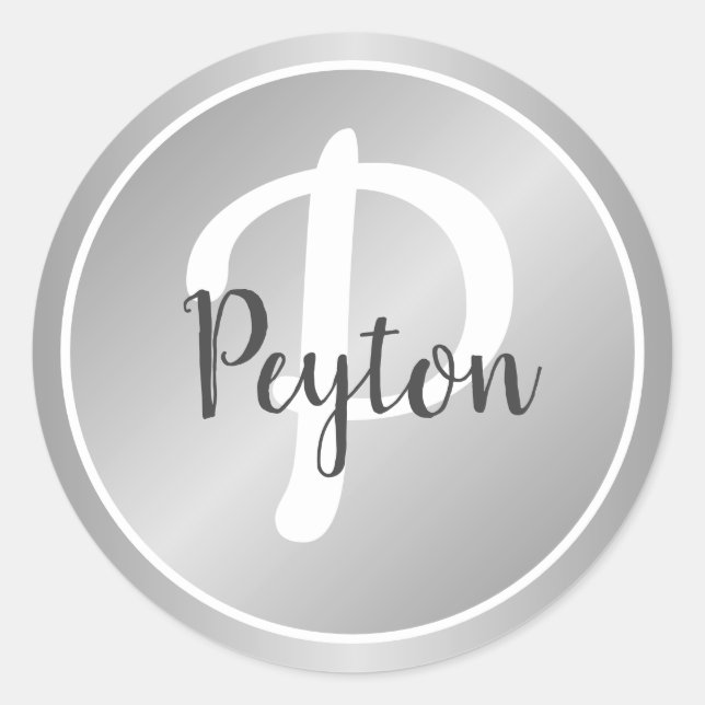 Sticker Rond Simple Élégant Gris Argent Nom Monogrammé (Devant)