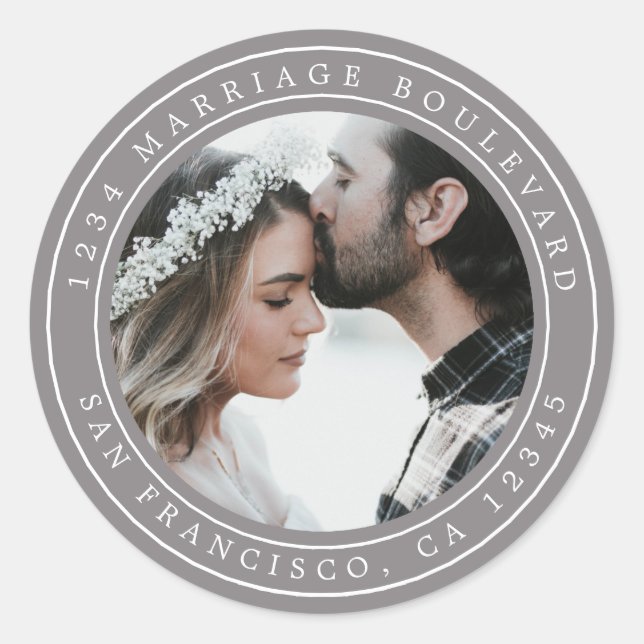 Sticker Rond Simple Elégant Mariage Photo Grey Adresse de retou (Devant)