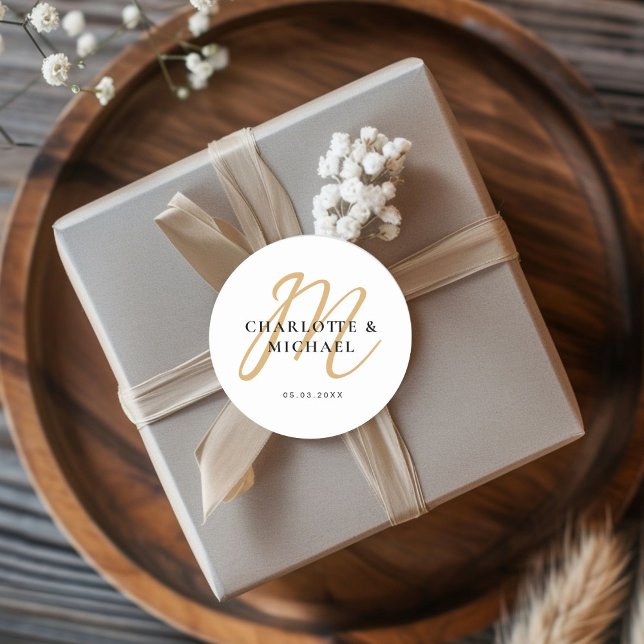 Sticker Rond Simple, élégant, monogram (Simple, elegant, monogram classic round sticker with your name and date.)