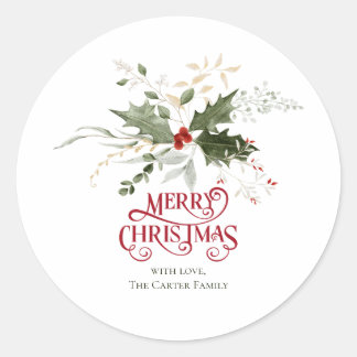 Sticker Rond Simple Élégant Noël Aquarelle Botanique