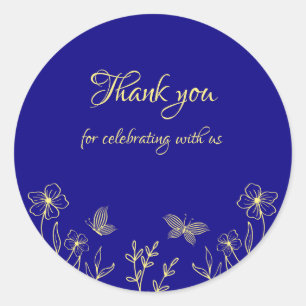 Sticker Rond Simple élégante fleur or royal bleu mariage