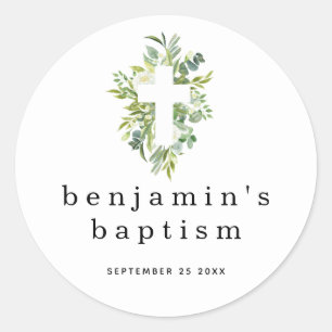 Sticker Rond Simple Eucalyptus Feuilles Nom croisé Date Baptême