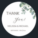 Sticker Rond Simple Eucalyptus Leave Wedding Thank You<br><div class="desc">Simple eucalyptus leave wedding thank you sticker with bride and groom names and the wedding date.</div>