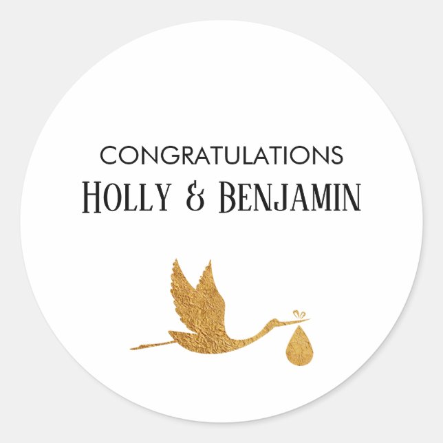 Sticker Rond Simple Faux Gold Stork Baby shower Félicitations (Devant)