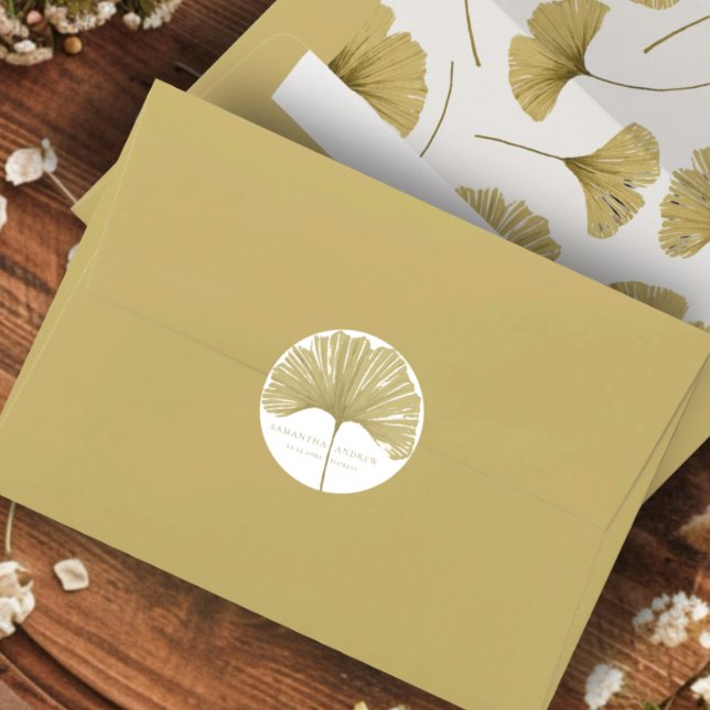 Sticker Rond Simple Faux Or Monogramme De Mariage Ginkgo (Créateur téléchargé)