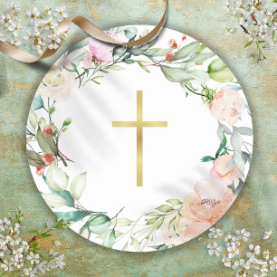 Sticker Rond Simple Gold Cross Woodland Rose Garland