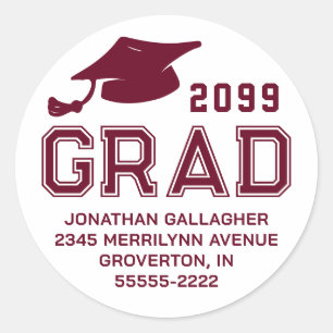 Sticker Rond Simple Graduation Maron Année GRAD Adresse de reto