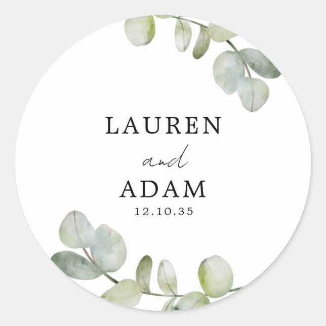 Sticker Rond Simple Green Eucalyptus Wedding (Devant)