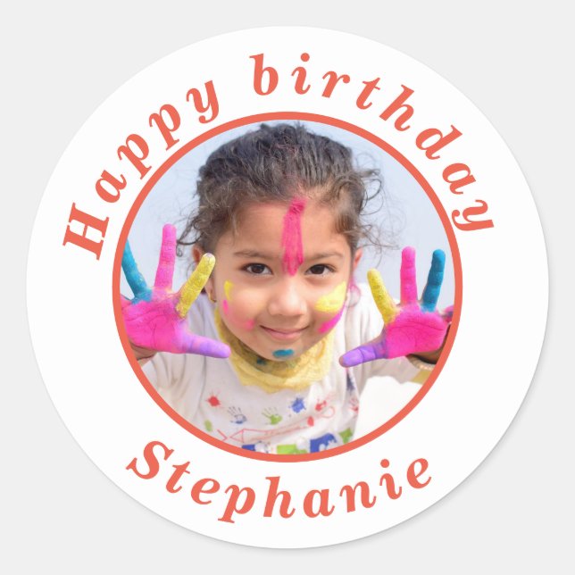 Sticker Rond Simple heureux anniversaire Nom de la photo (Devant)