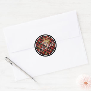 Sticker Rond Simple Joyeux Noël Souhait Tartan Motif Classique