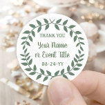 Sticker Rond Simple Laurel Wreath Botanical Green Merci<br><div class="desc">Ajoutez une touche de finition personnalisée aux faveurs de la fête et des notes de remerciement avec des autocollants ronds de couronne de laurier personnalisés. Tout libellé sur ce modèle est simple à customiser pour toute occasion, comme mariage, douche nuptiale, remise des diplômes, fête d'anniversaire, anniversaire ou retraite. Modifiez ou...</div>