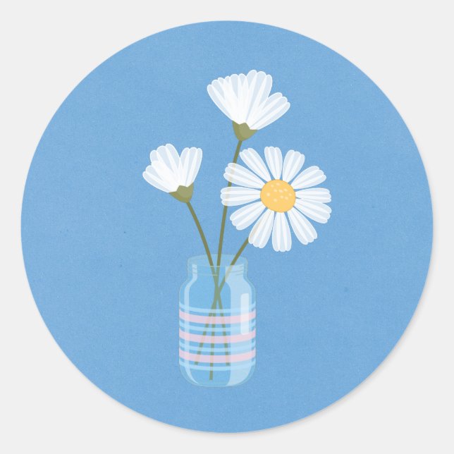 Sticker Rond Simple marguerite blanche Mason Jar sur bleu (Devant)