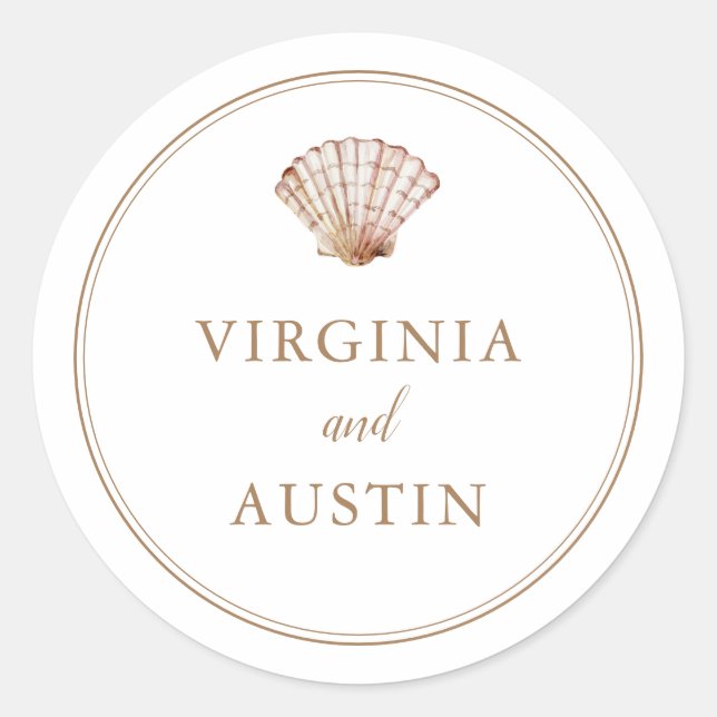 Sticker Rond Simple Mariage de Plage Coquillage Classique (Devant)