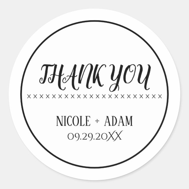 Sticker Rond Simple Mariage Merci Noir et Blanc (Devant)
