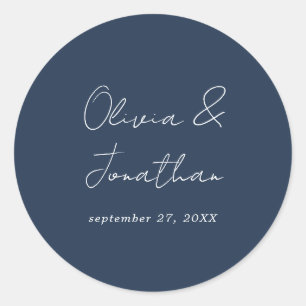 Sticker Rond Simple Mariage Minimaliste Bleu Marine Script