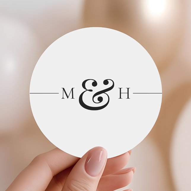 Sticker Rond Simple Mariage Monogramme Ligne Noire Élégant (Créateur téléchargé)