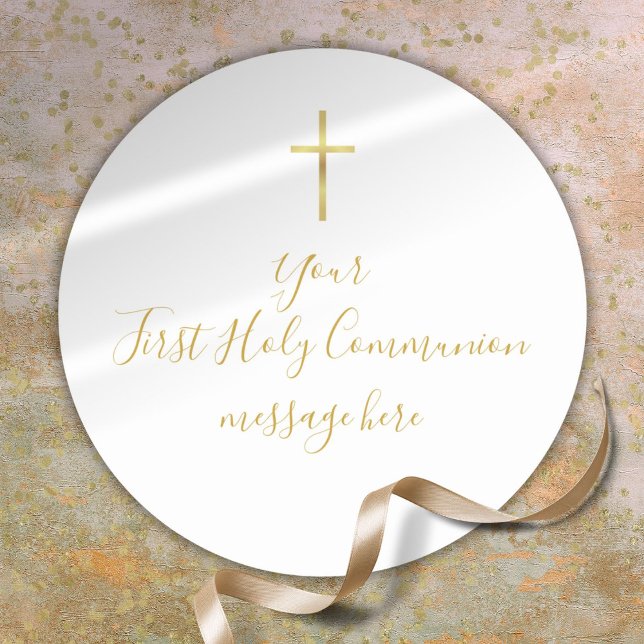 Sticker Rond Simple Message de Première Sainte Communion Croix  (Simple Gold Cross First Holy Communion Message Classic Round Sticker)