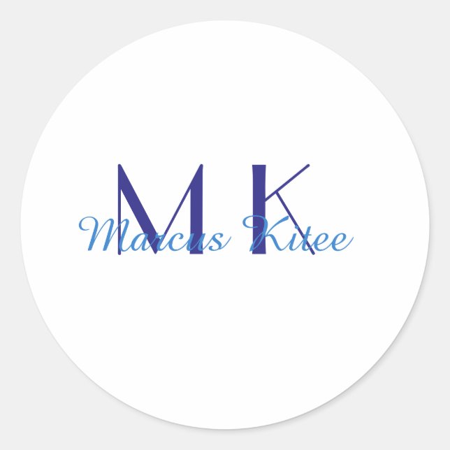 Sticker Rond simple minimal monogram personalized name blue ret (Devant)