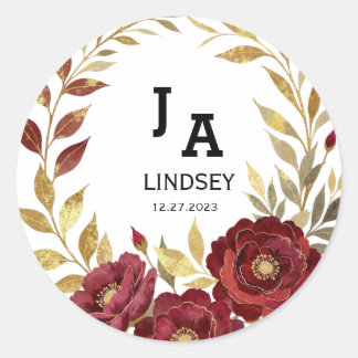Sticker Rond Simple Modern Gold Burgundy Wedding Classic Round