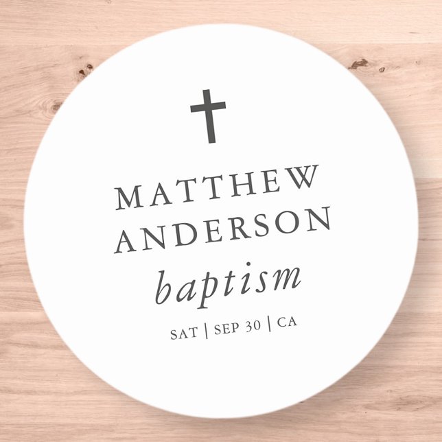 Sticker Rond Simple moderne Elegant Cross Baby Baptism (Créateur téléchargé)