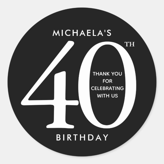Sticker Rond Simple, Moderne Noir & Blanc 40ème Anniversaire (Devant)