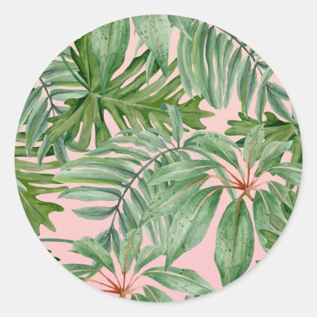 Sticker Rond Simple moderne Pink Palm Leaf Tropical Floral (Devant)