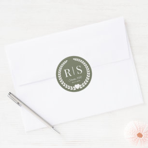 Sticker Rond Simple Monogram Vert Olive
