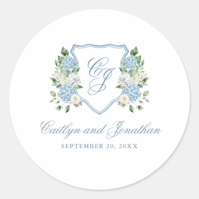 Sticker Rond Simple Monogramme Bleu Poussiéreux Mariage Crest (Devant)
