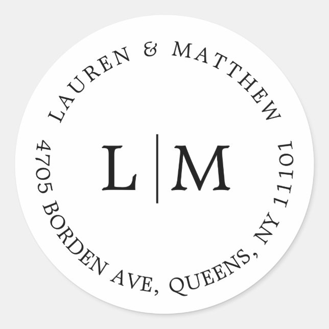 Sticker Rond Simple Monogramme Mariage Élégant Noir et Blanc (Devant)