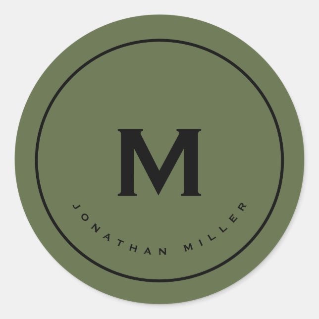 Sticker Rond Simple Monogramme Noir Classique Olive (Devant)