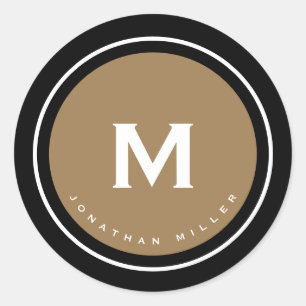Sticker Rond Simple Monogramme Or Noir Classique