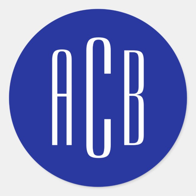 Sticker Rond Simple Monogramme Royal Bleu et Blanc à Trois Lett (Devant)