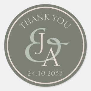 Sticker Rond Simple Monogramme Sage Green Wedding Favoriser