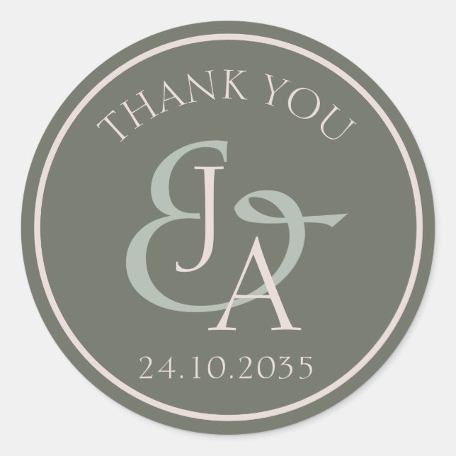 Sticker Rond Simple Monogramme Vert Sauge Faveur de Mariage  (Devant)