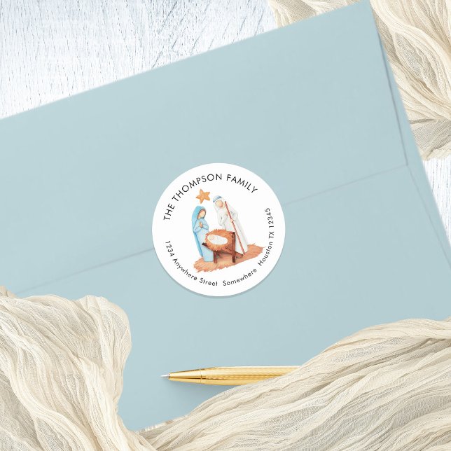 Sticker Rond Simple Nativité Scene Nom de retour Adresse (Mary Joseph baby Jesus Nativity Scene All is Calm Return Name and Address Round Sticker)