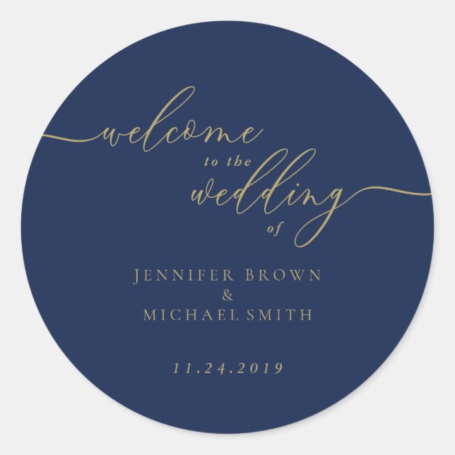 Sticker Rond Simple Navy Gold Bienvenue au Mariage (Devant)