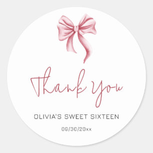 Sticker Rond Simple Nœud Rose Script Merci Sweet Sixteen