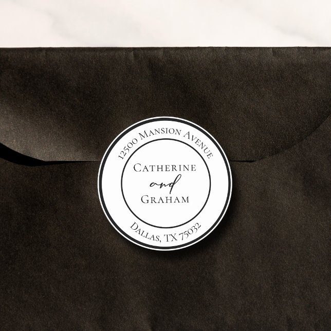 Sticker Rond Simple Noir Blanc Moderne Mariage Adresse de retou (Créateur téléchargé)