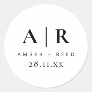 Sticker Rond Simple Noir et Blanc Monogramme Mariage Faveur