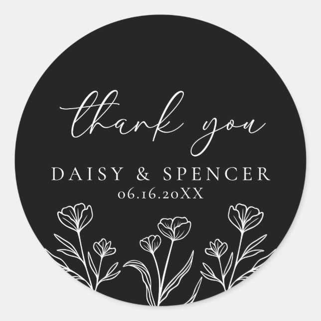 Sticker Rond Simple Noir Moderne Mariage Floral Favoriser Class (Devant)