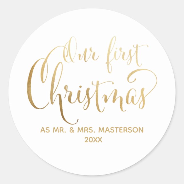 Sticker Rond Simple Notre premier Noël Newlyweds Gold White (Devant)